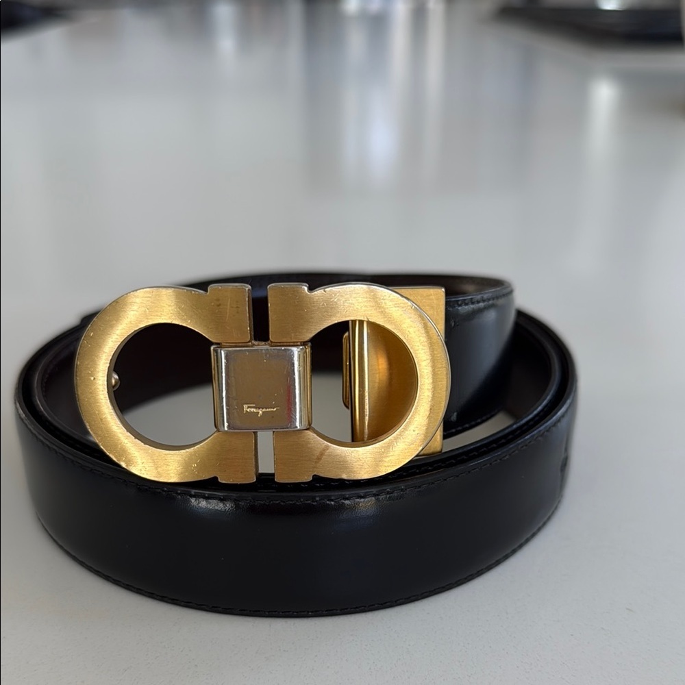 Salvatore Ferragamo Gold Dark Brown Leather Gancini Belt size 40”